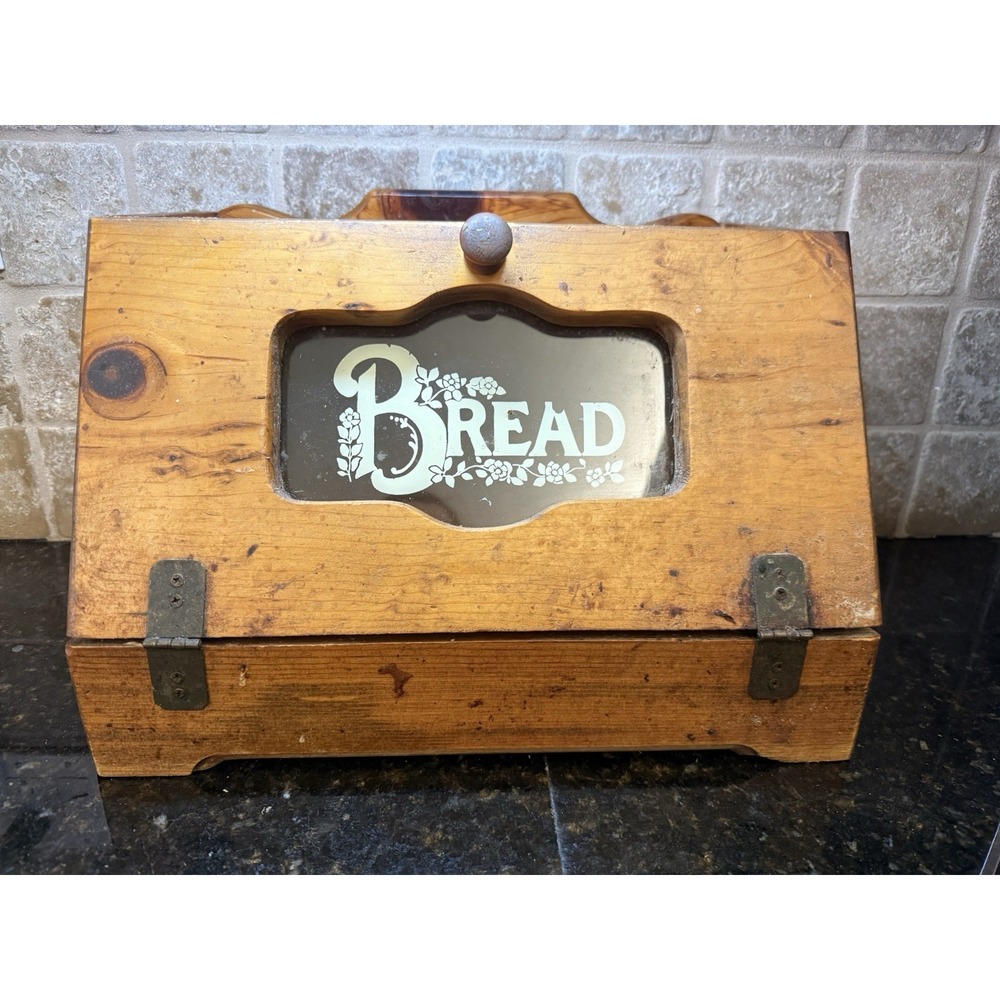 VTG Wooden Bread Box Stencil Design Glass Farmhouse Decor Cottage Core Granny